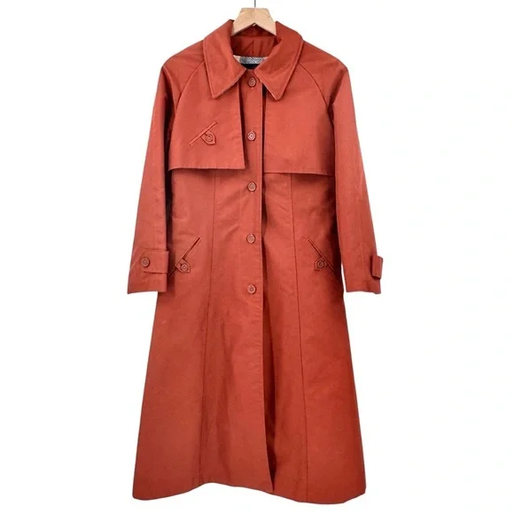 Women's Vintage 1970s Trench Coat Belted Flannel Lined Rust Orange | Size M/L - Picture 2 of 11